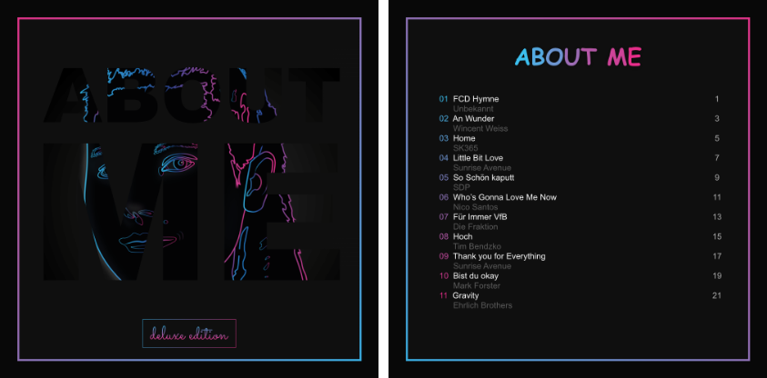 Cover des CD-Booklets. Die Vorderseite zeigt eine Vektorgrafik eines Gesichtes, das mit den Wörtern About Me überdeckt wird. Die Rückseite listet die 11 Songs der CD auf