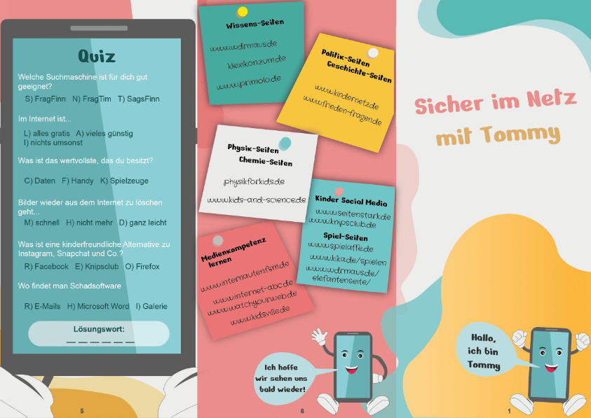 Vorderseite des Flyers, der auf Gefahren im Netz aufmerksam macht. Ein Handy-Charakter begrüßt den Leser. Man sieht ein Quiz und eine Pinnwand mit sicheren Links für Kinder