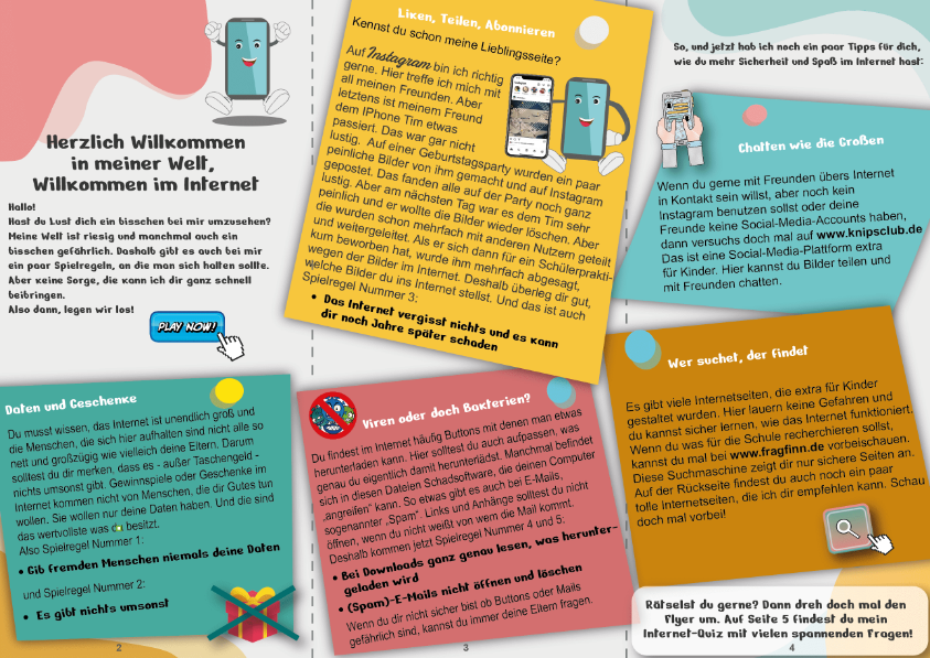 Rückseite des Flyers, der auf Gefahren im Netz aufmerksam macht. Er zeigt kindgerechte Texte über Daten, Viren, Social Media und Suchmaschinen.