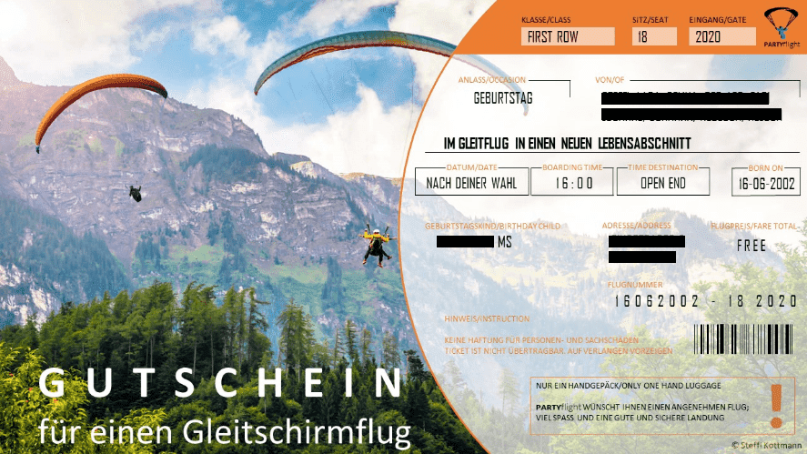 Gutschein für einen Gleitschirmflug