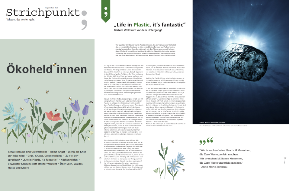 Bild des Titelblattes und eine Seite des Magazins Ökoheld:innen. Es zeigt eine gezeichnete Blumenwiese und die Beitragsüberschriften